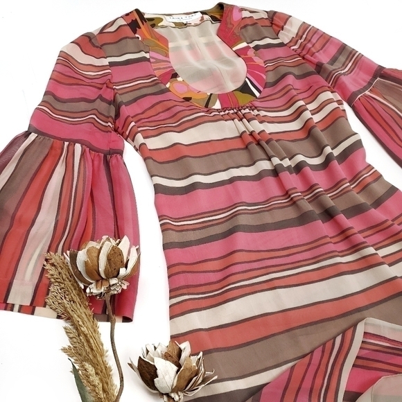 Trina Turk Sheer Pink Bell Sleeve Striped Boho Dress 2 - Picture 4 of 16